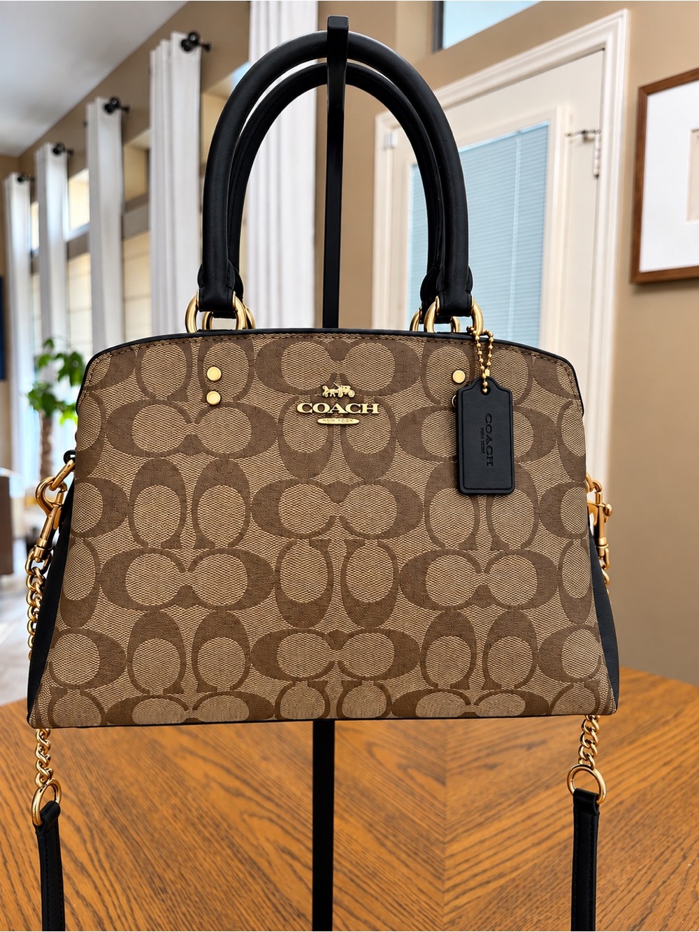 COACH Mini Lillie Signature Canvas Satchel in Brown, Black and Chalk
